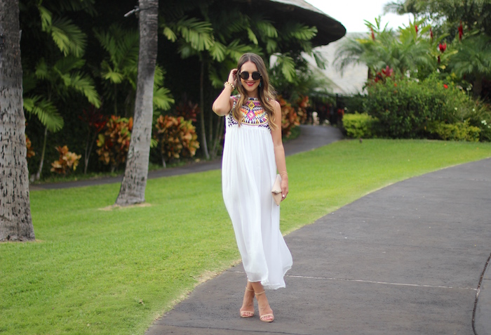 Embellished white midi dress in Hawaii.