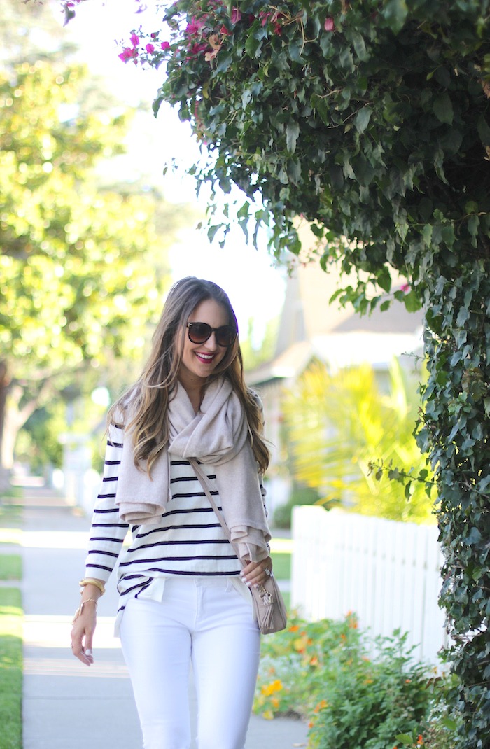 Striped sweater and white denim.