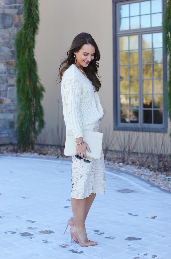 sweater and sequin skirt