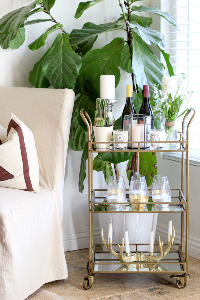 candles on a bar cart