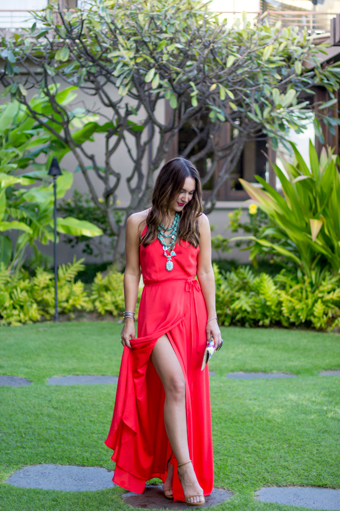 Tan and cheap red dress