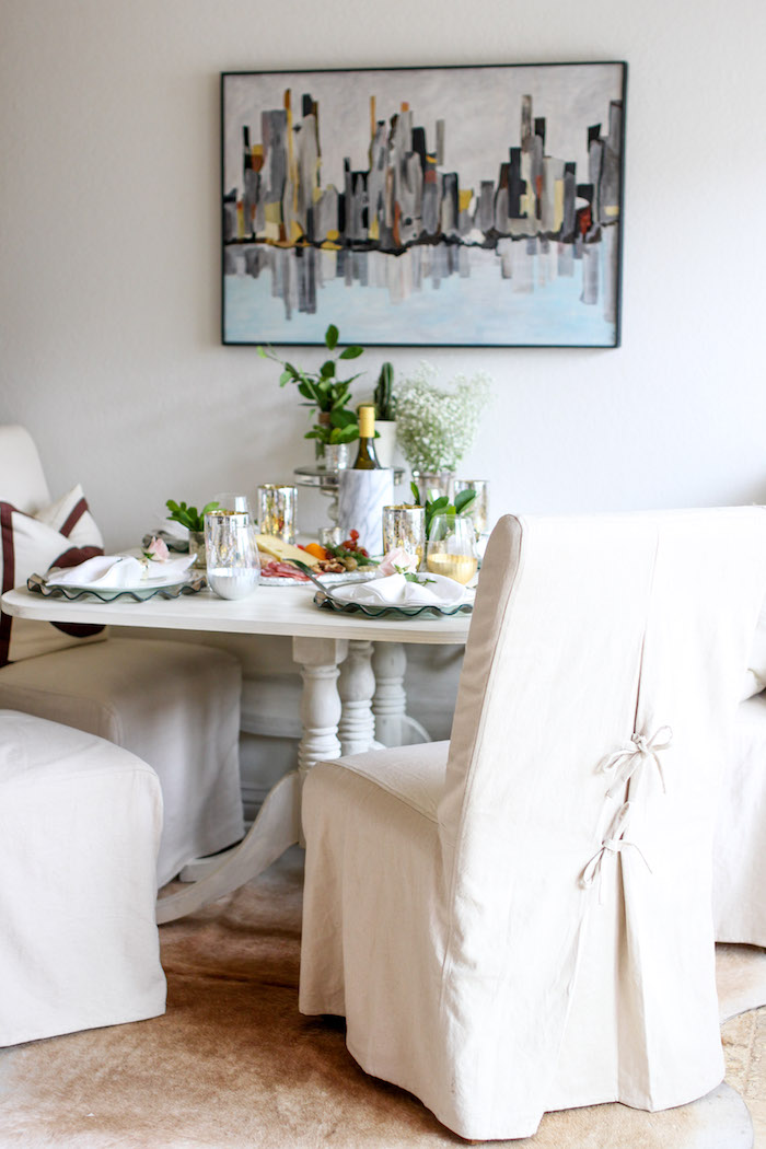 Linen slipcovered shop dining chairs