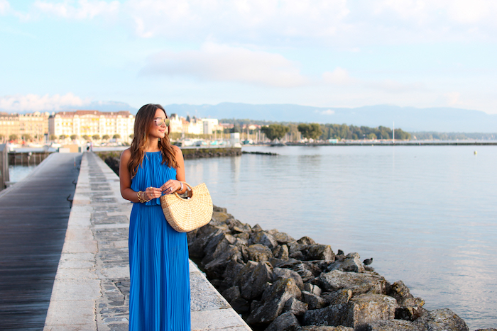 pleated blue maxi dress