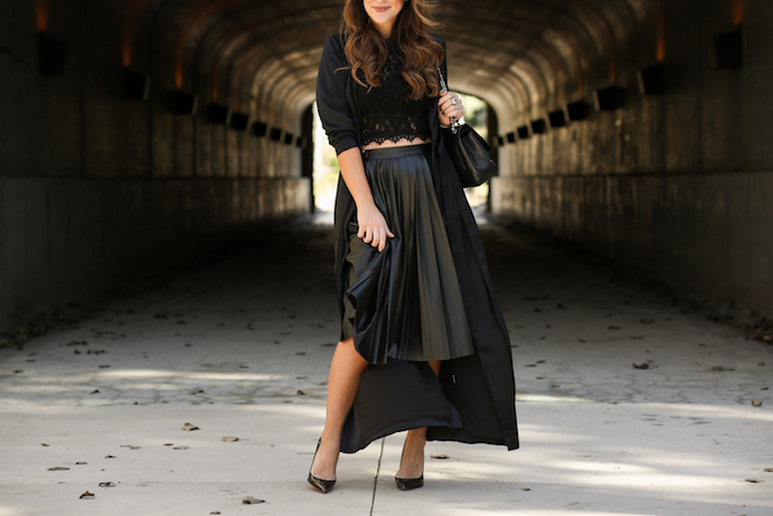 pleated leather midi skirt