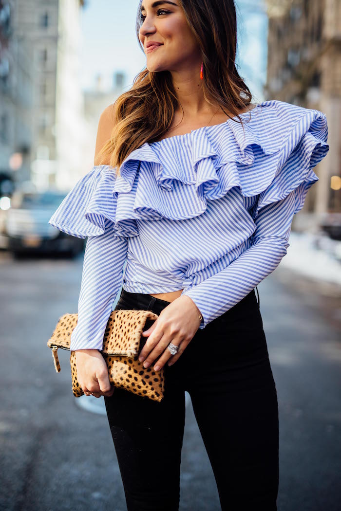 one shoulder blue ruffled top