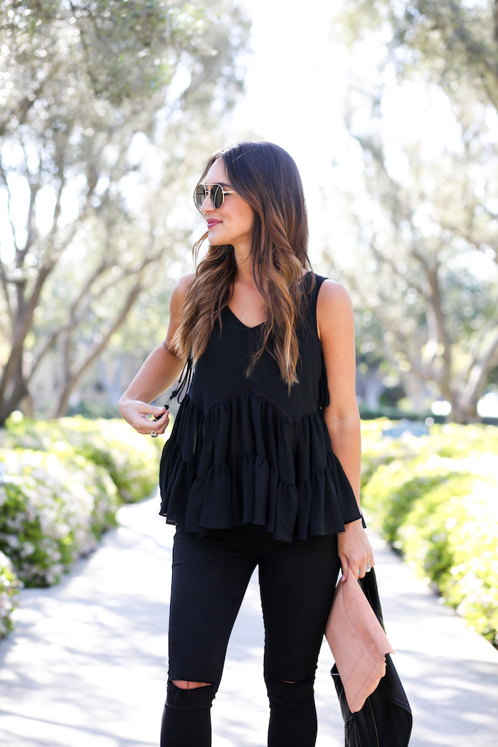 black ruffled top