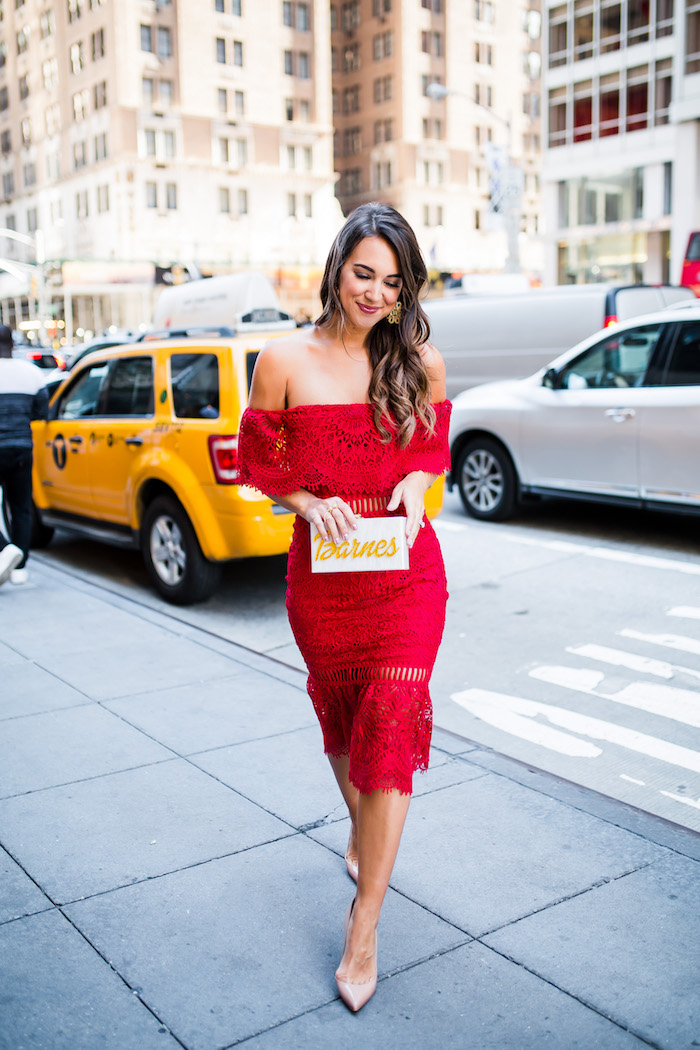 red off the shoulder dress