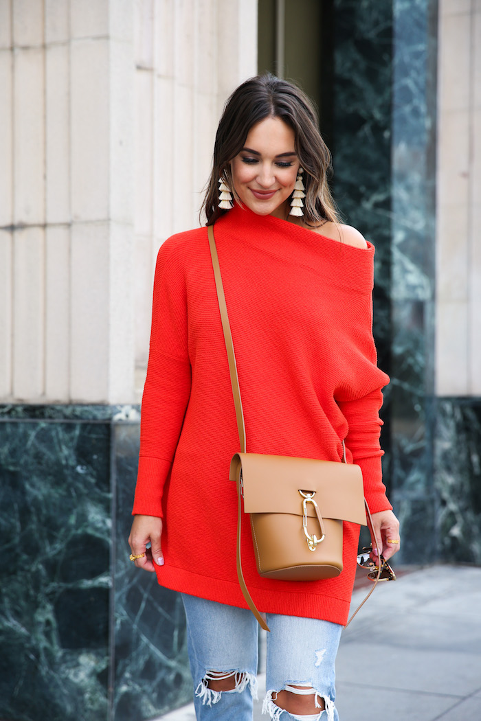 red off the shoulder sweater