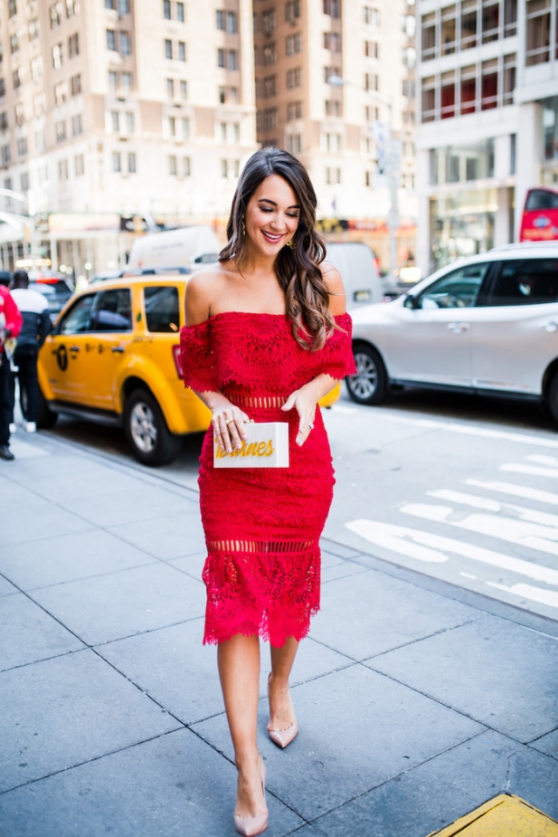 red lace off the shoulder dress