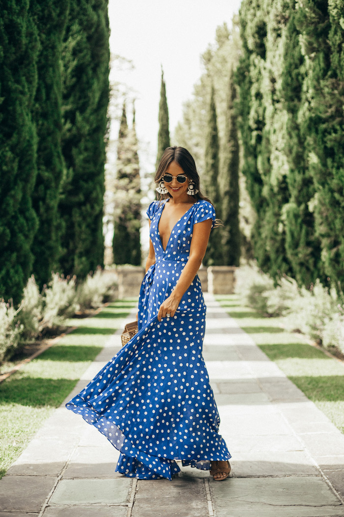 Blue polka shop dot wrap dress