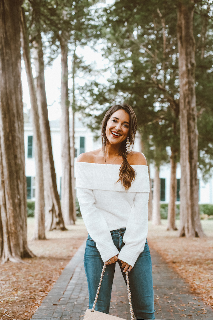 cream off the shoulder sweater