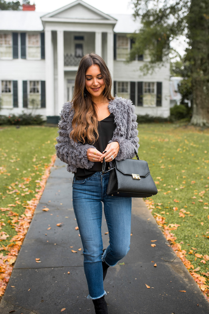 gray fringe bomber jacket