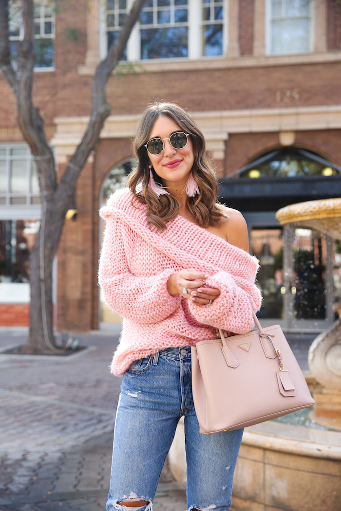 pink off the shoulder sweater