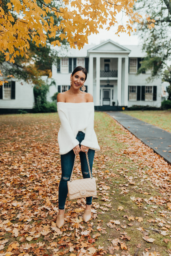 white off the shoulder fuzzy sweater