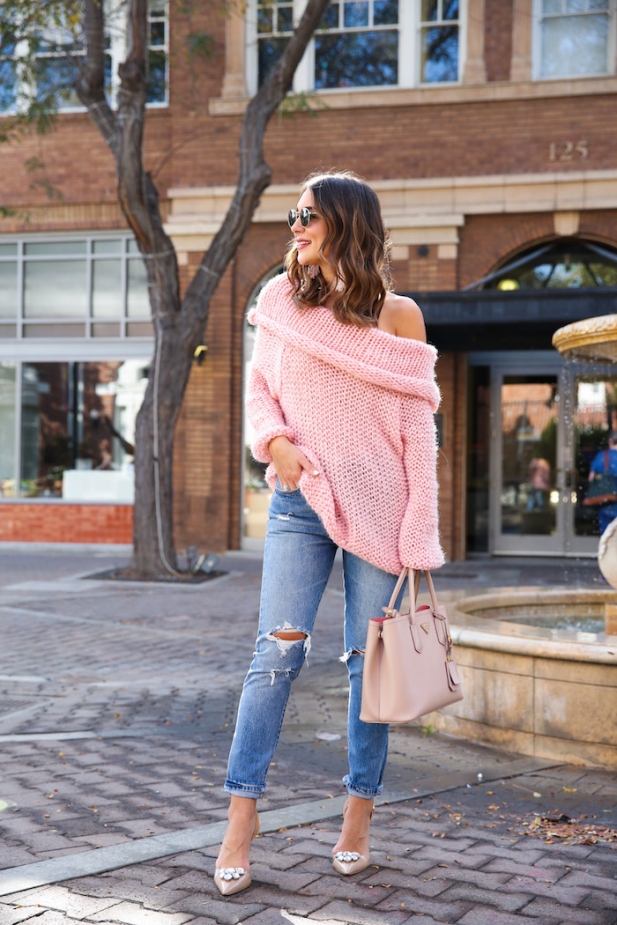 pink chunky knit sweater