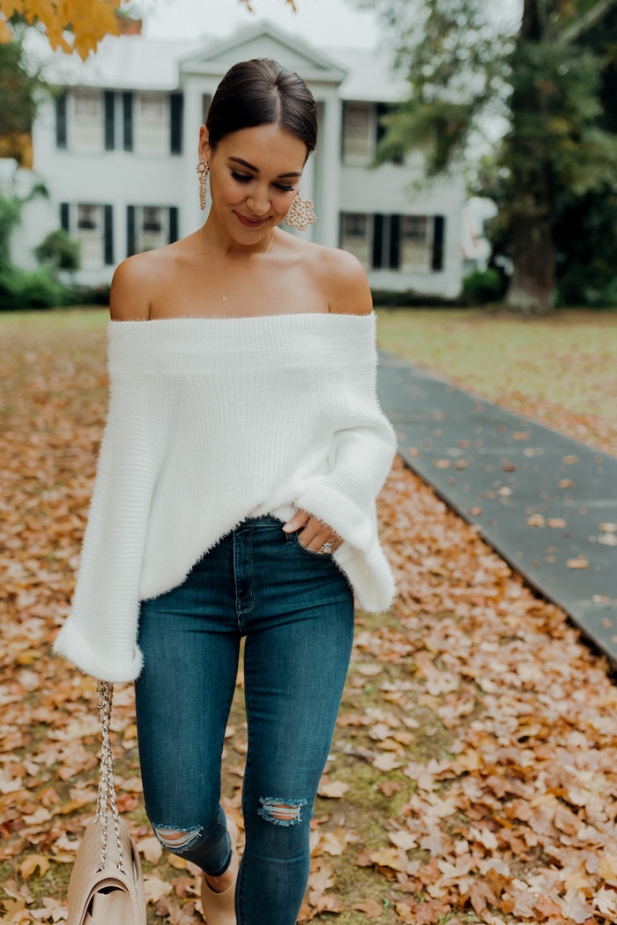 white fuzzy off the shoulder sweater
