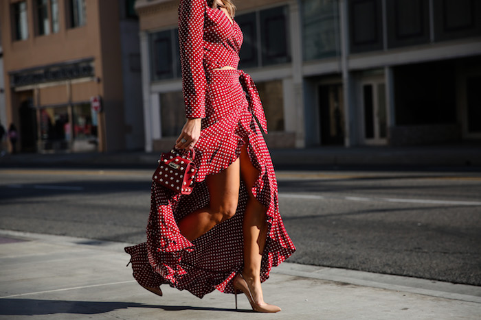 red polka dot maxi skirt