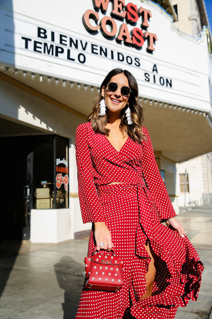 red polka dot top and skirt set