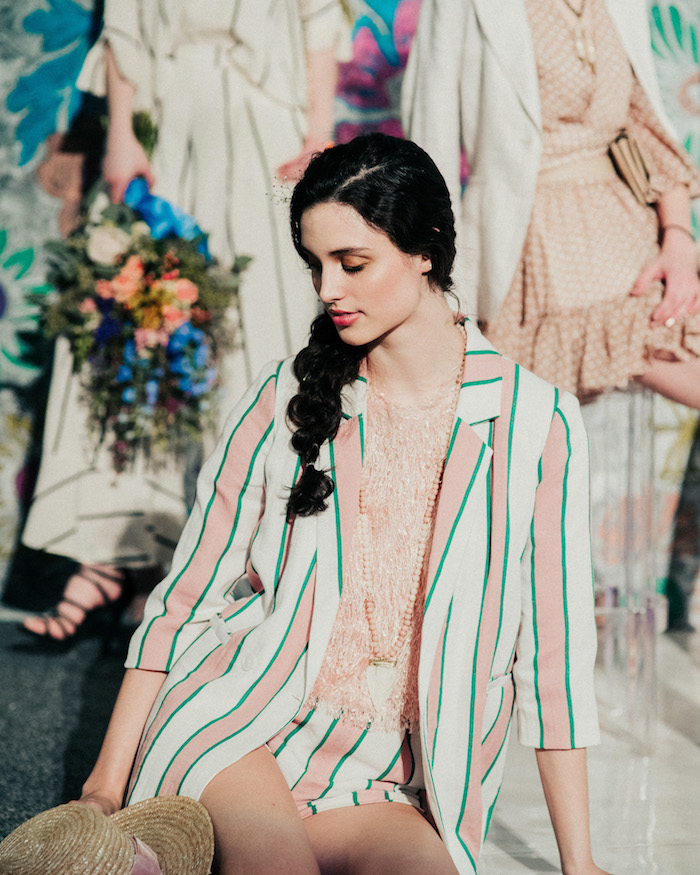 pink and green striped suit