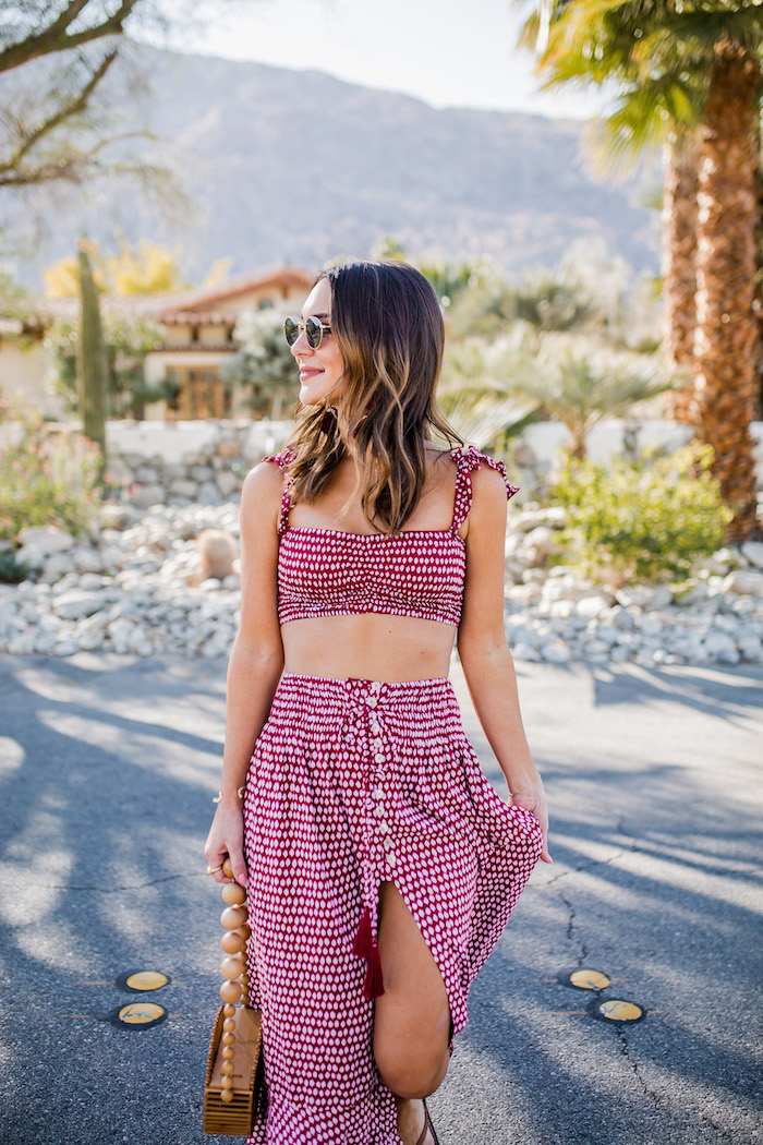 red crop top and skirt