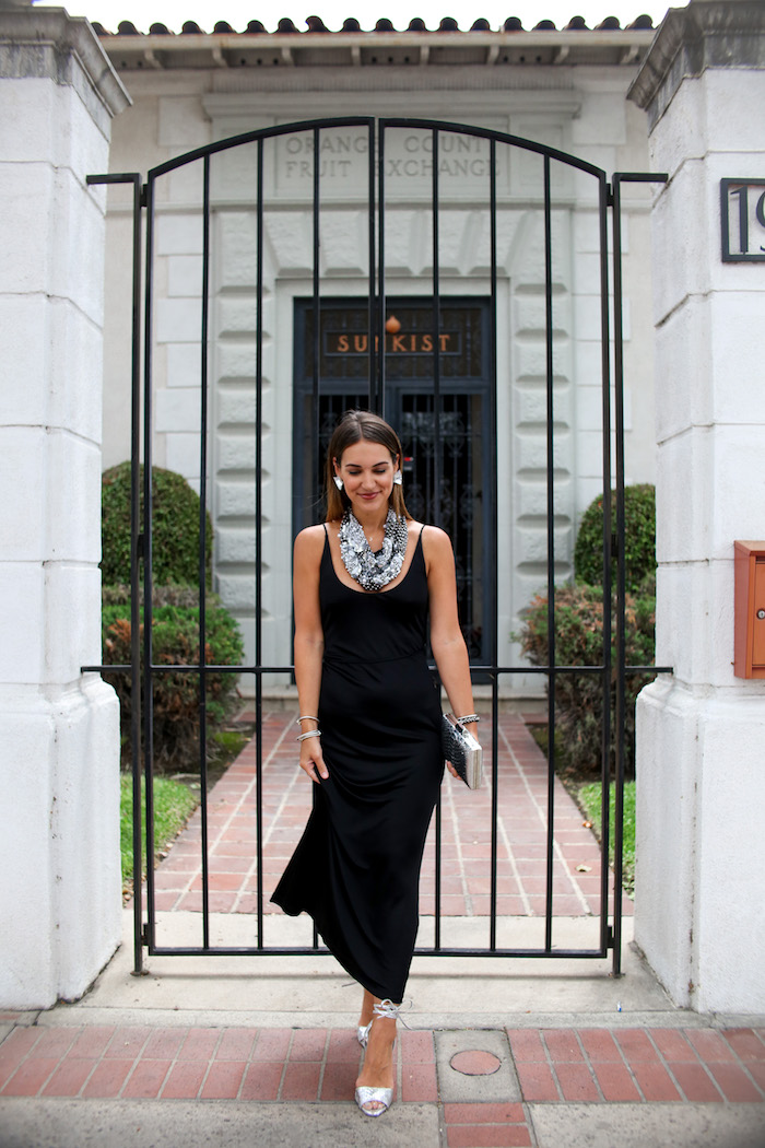 Silver heels with store black dress