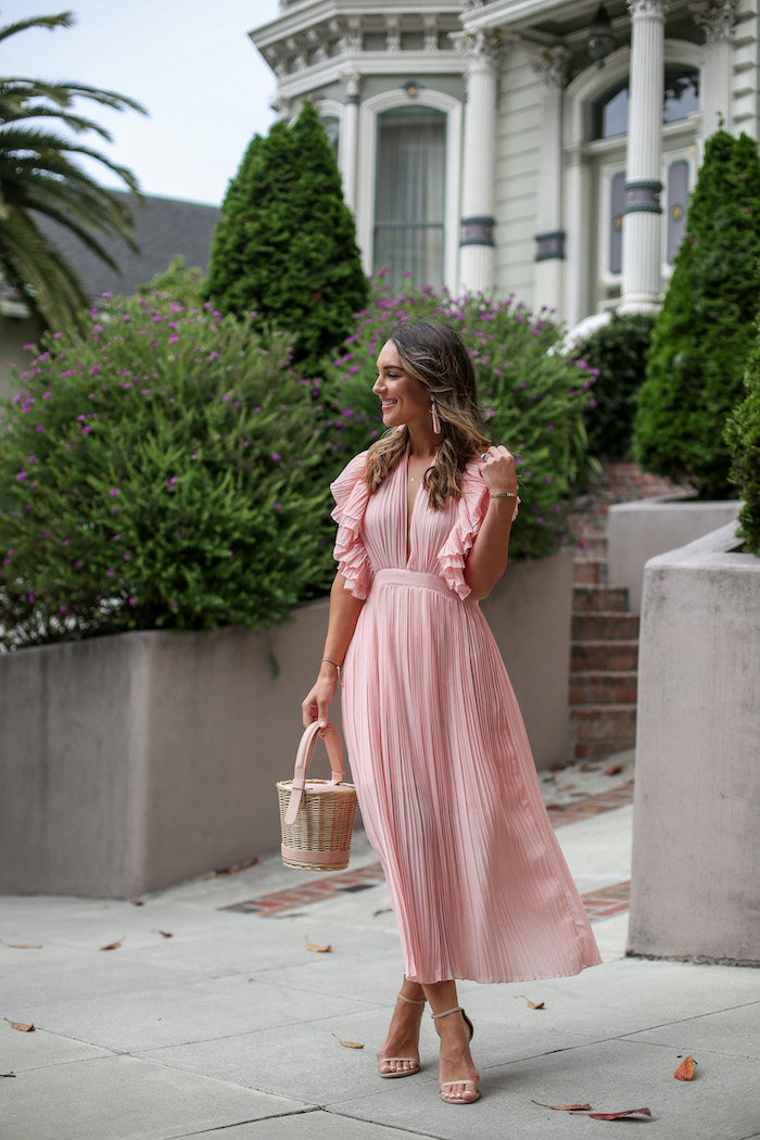pink pleated midi dress