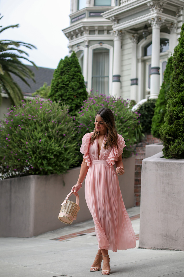 pink midi dress with sleeves