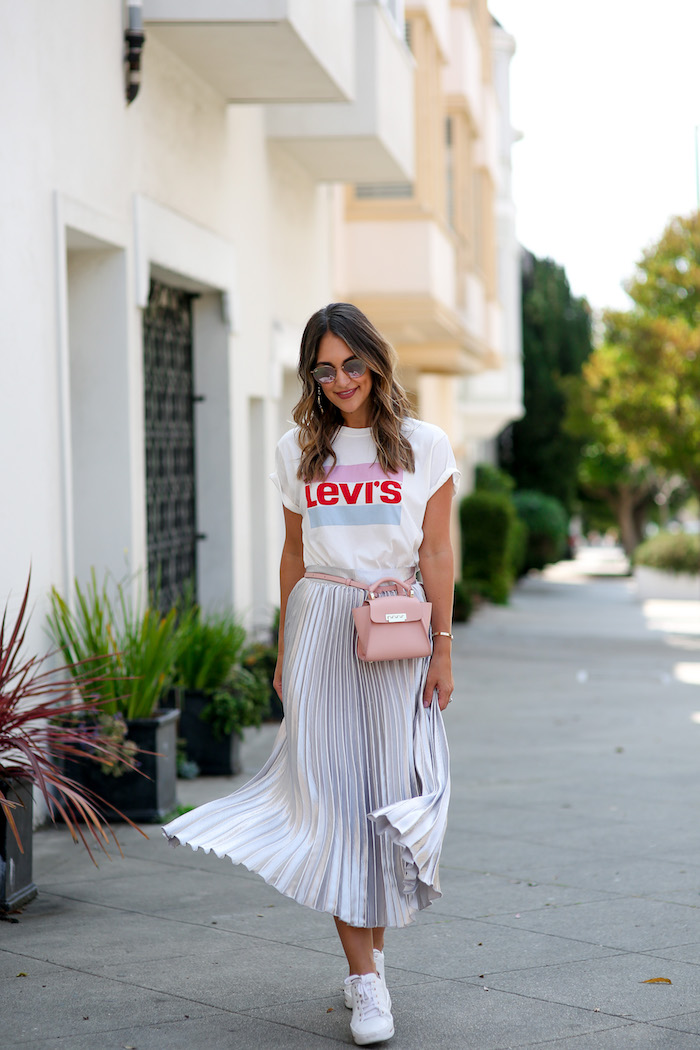 silver pleated midi skirt