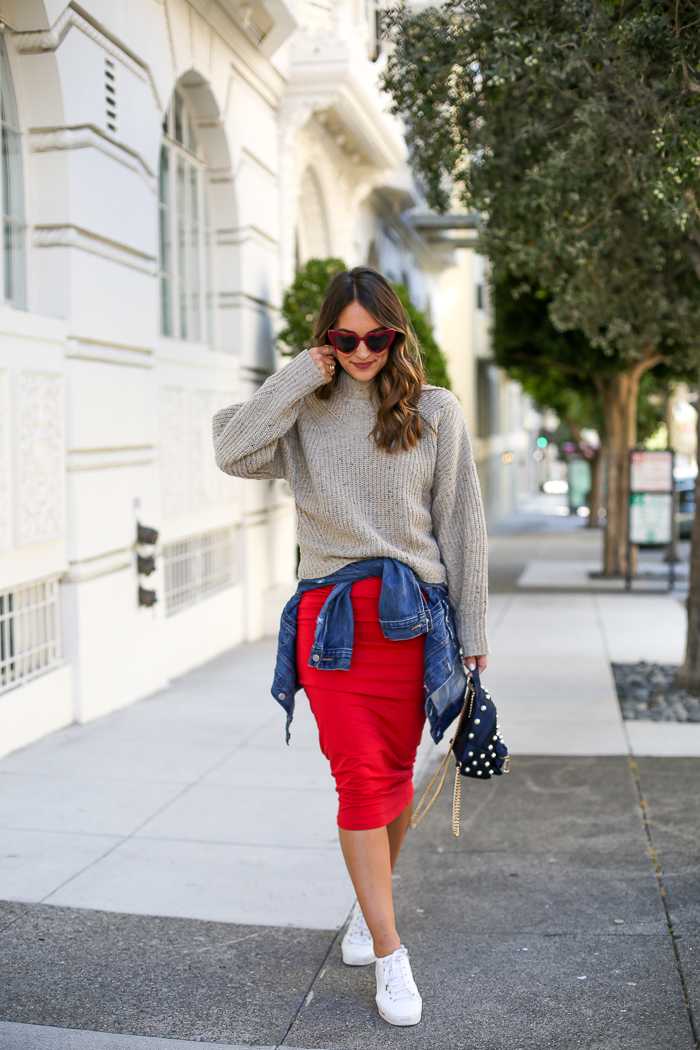 red midi dress