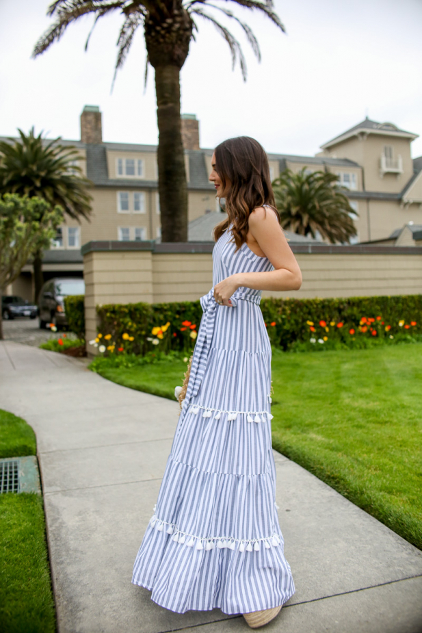 blue and white striped dress