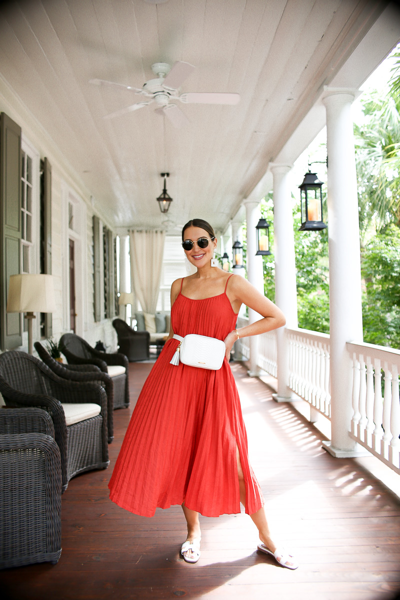 Red pleated midi dress online