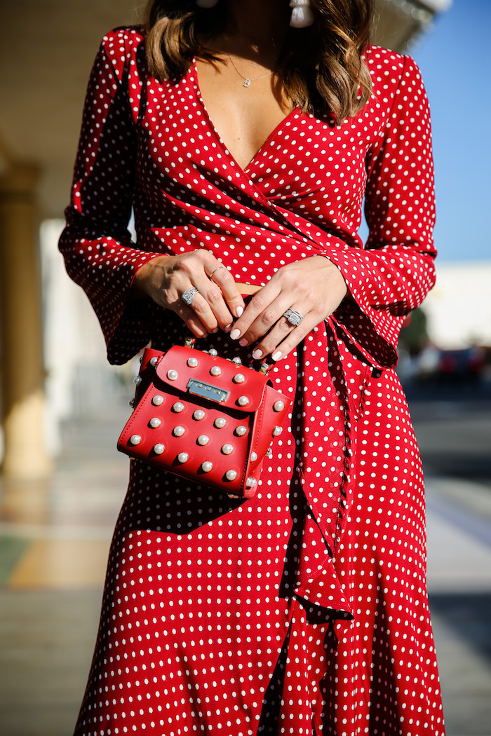 red wrap top