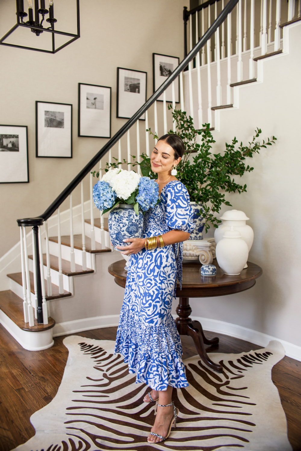 blue and white maxi dress