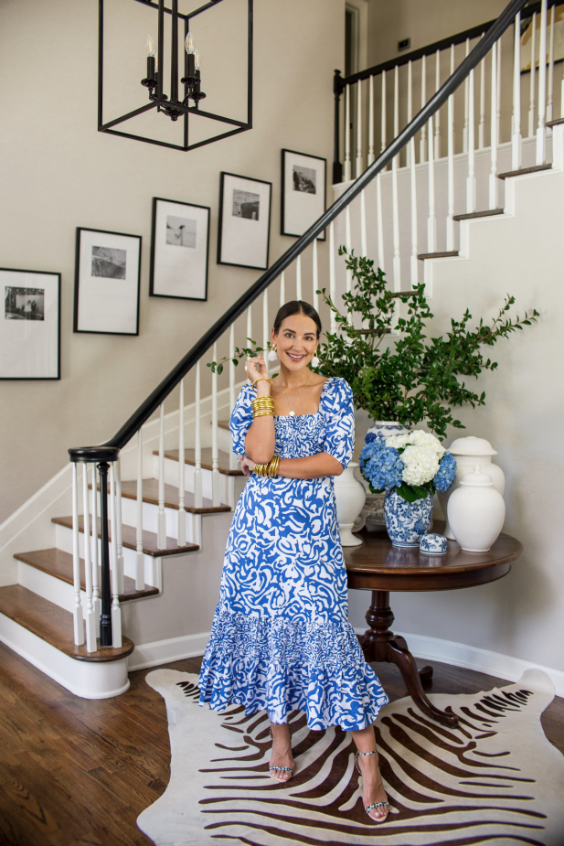 blue and white maxi dress