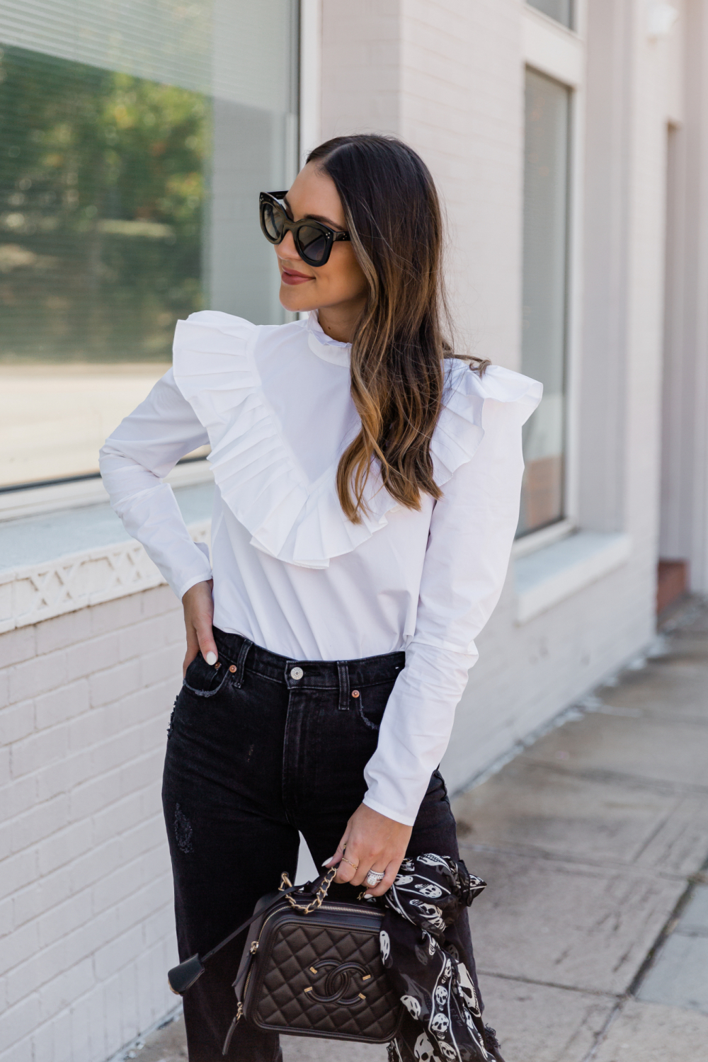 white ruffled shirt