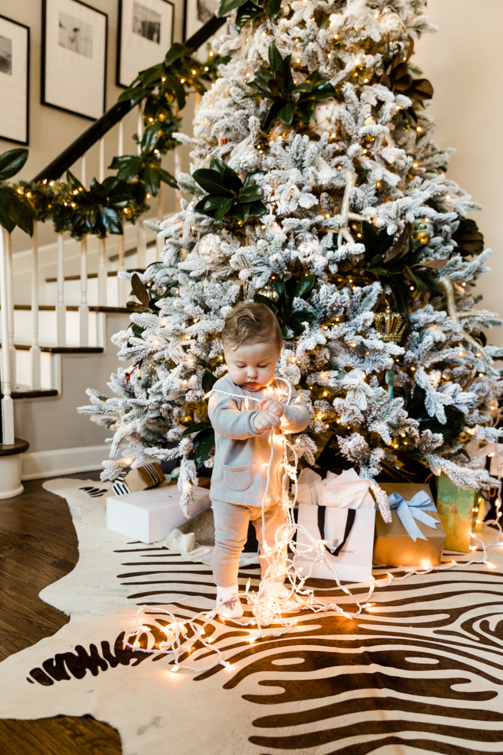 flocked tree in foyer