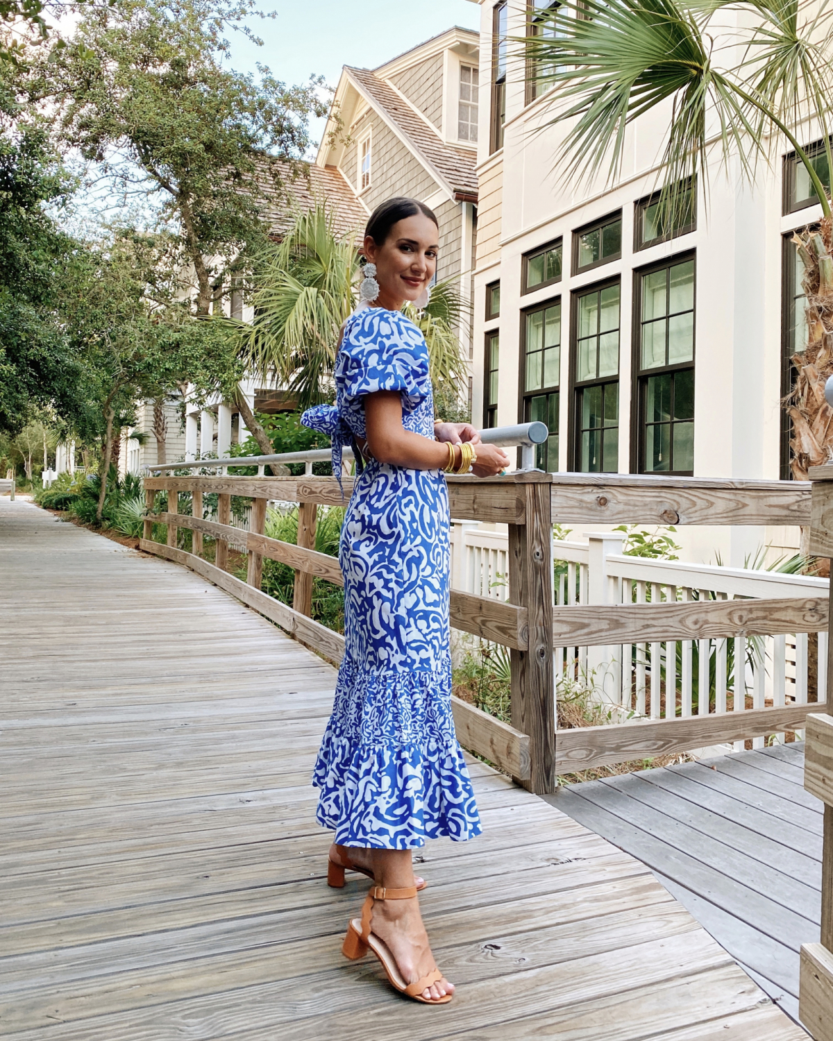 blue and white midi dress