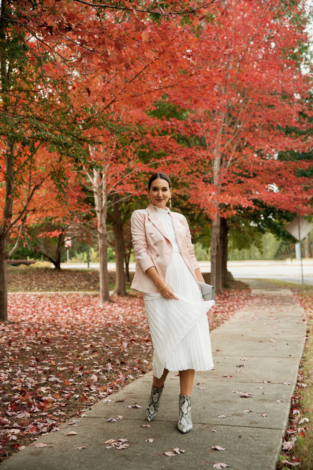 white pleated midi dress