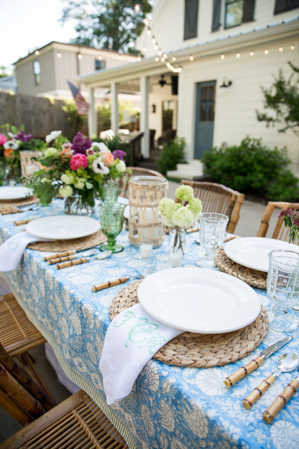 blue and white tablecloth