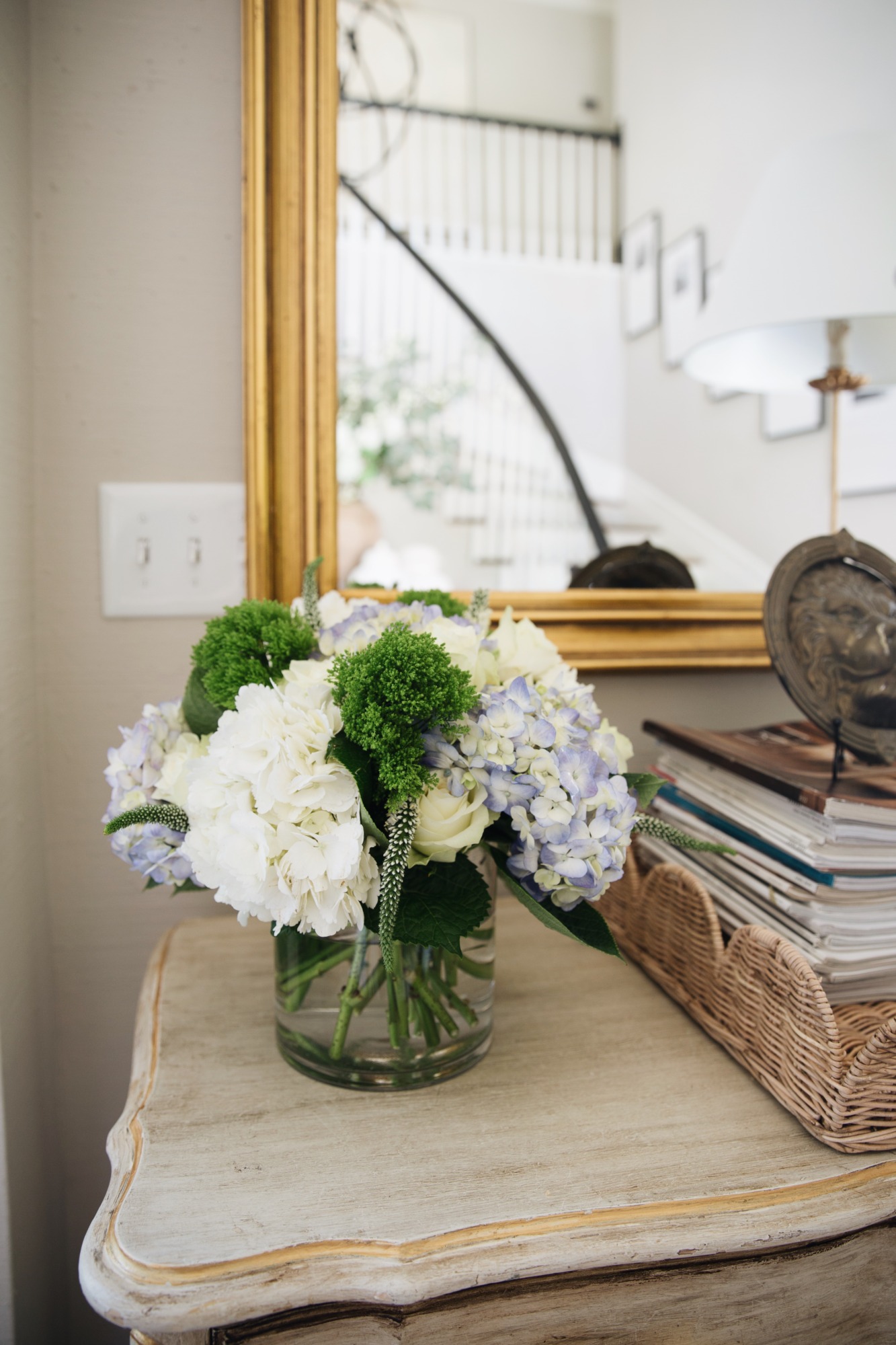 blue and white hydrangea arrangement