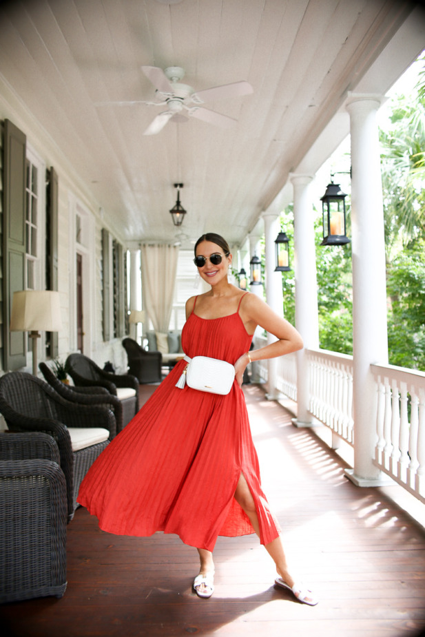 red pleated dress