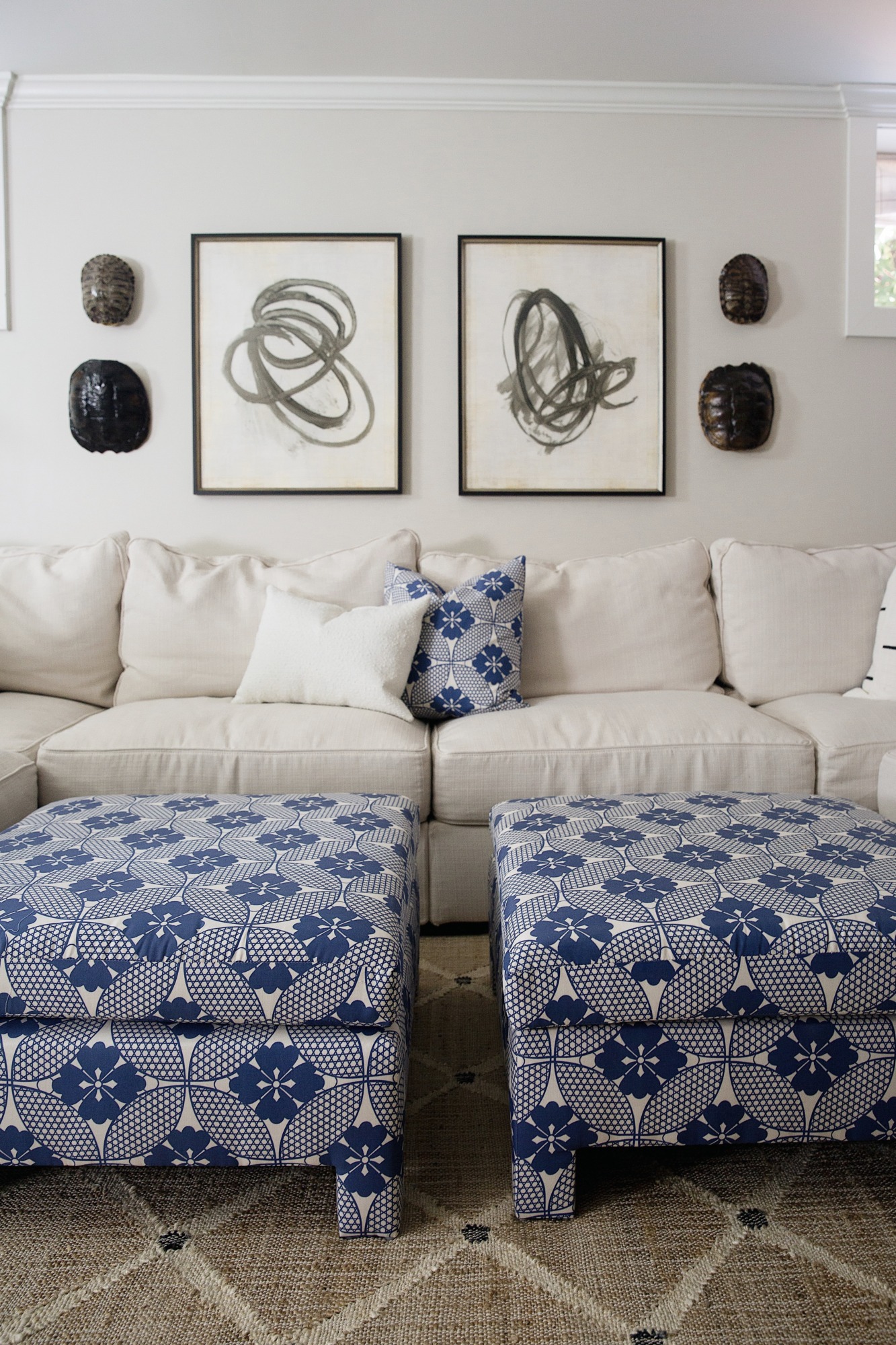 blue and white ottomans