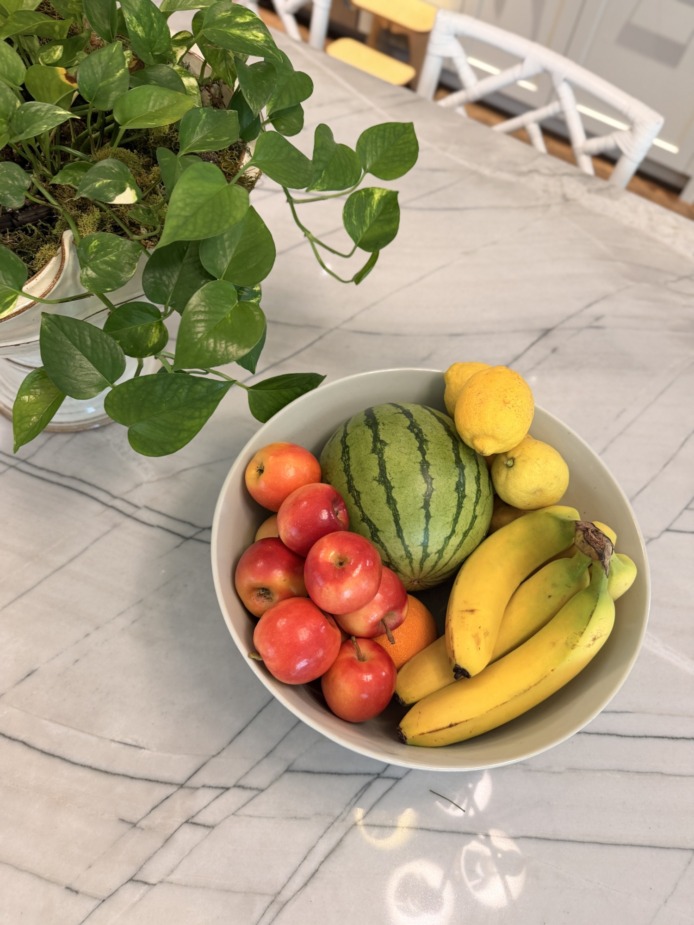 blue and white fruit bowl